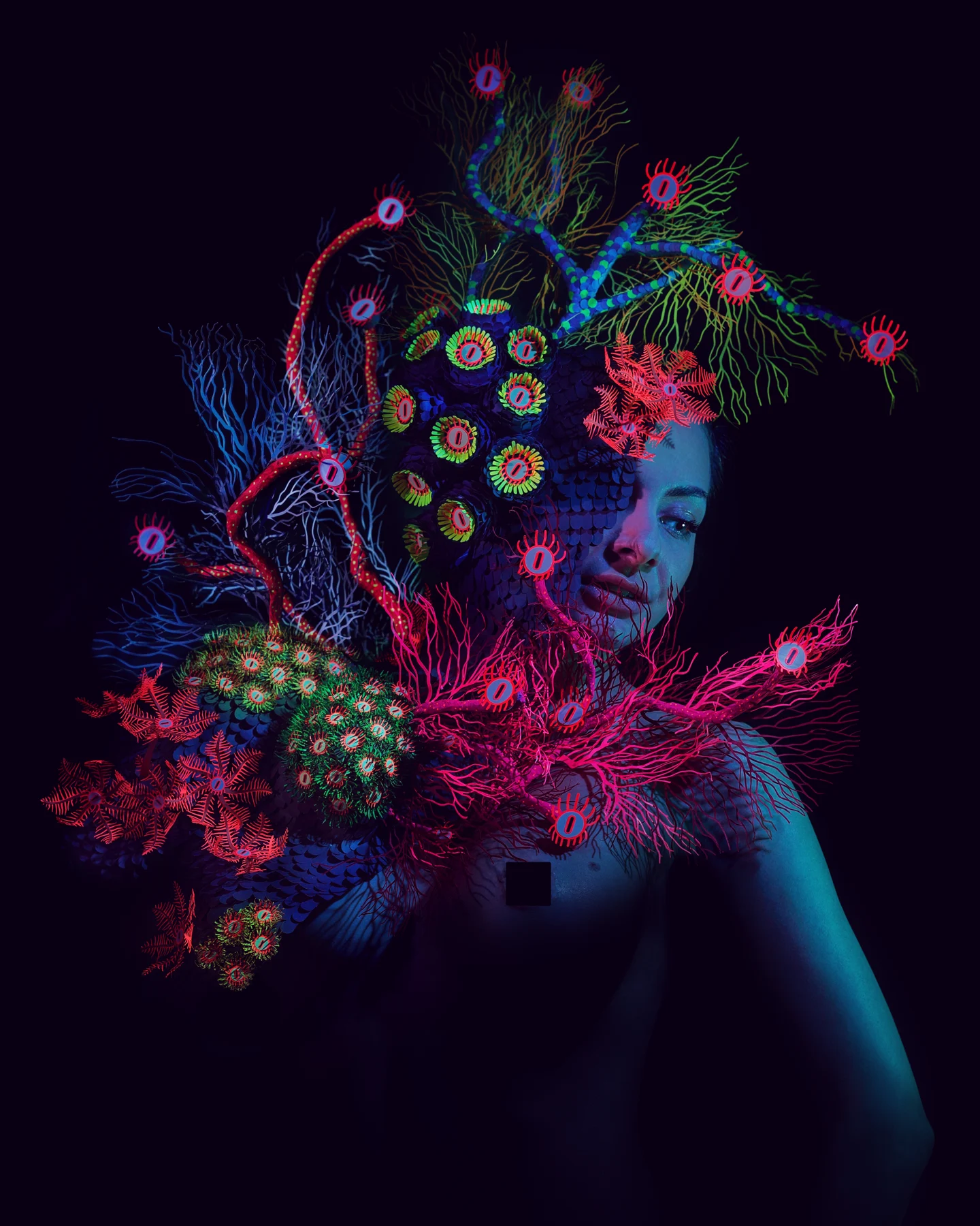 Portrait with fluorescent paper corals, scales and many-eyed sea creatures